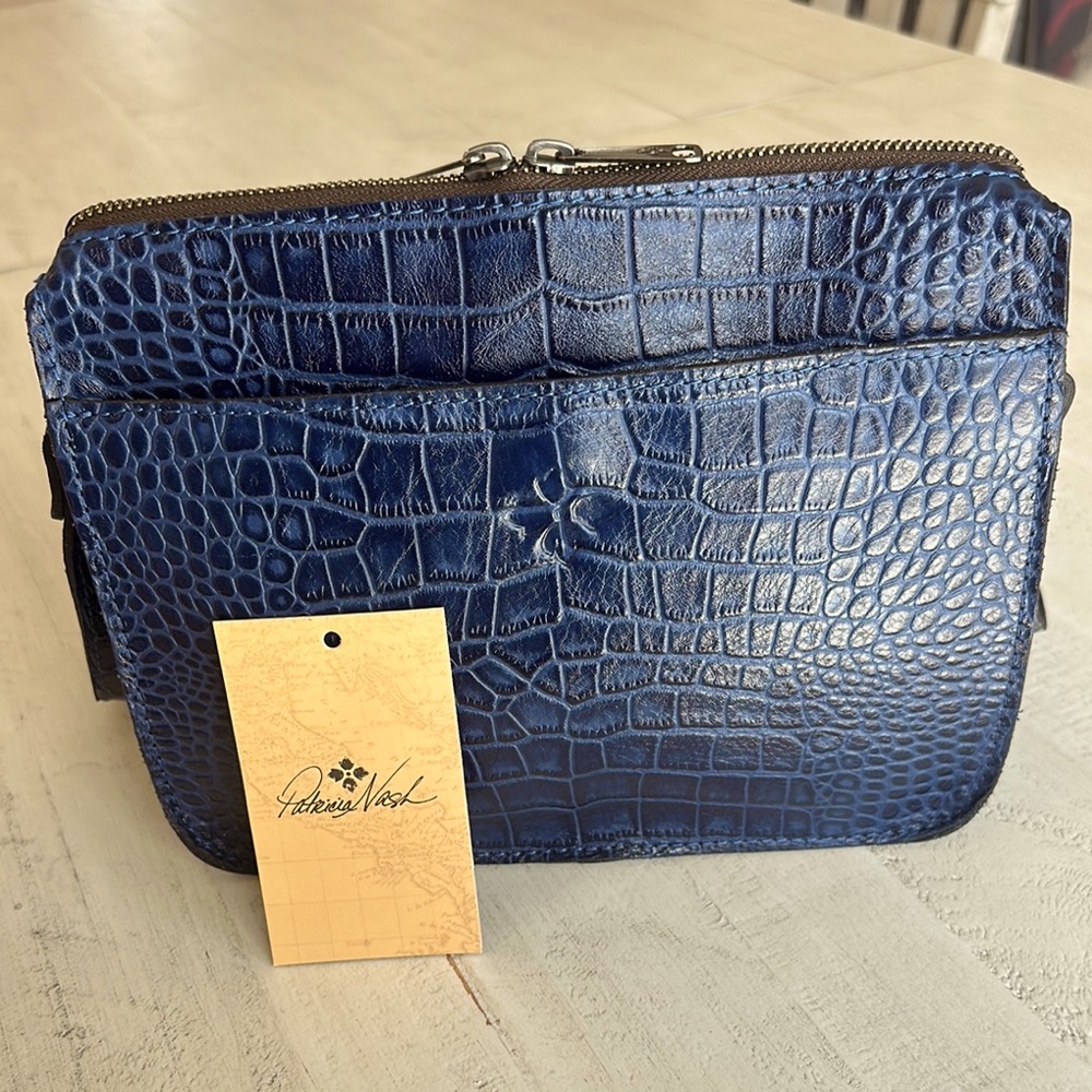 Patricia Nash Croc Nazaire Navy Leather Distressed Vintage Crossbody Bag